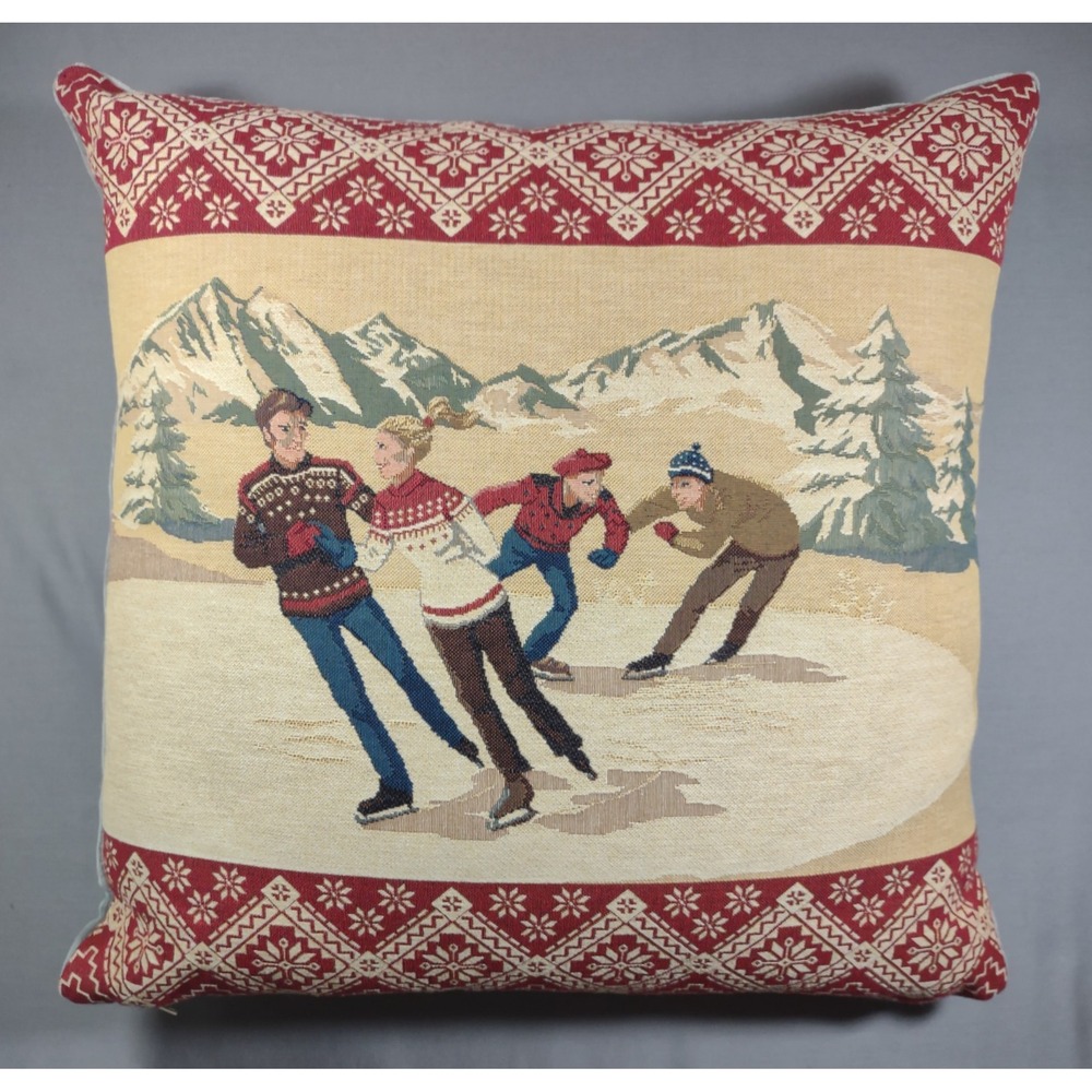 Hines of Oxford Woven Tapestry Sledding Alps Nordic Skaters Throw Pillow 16x17